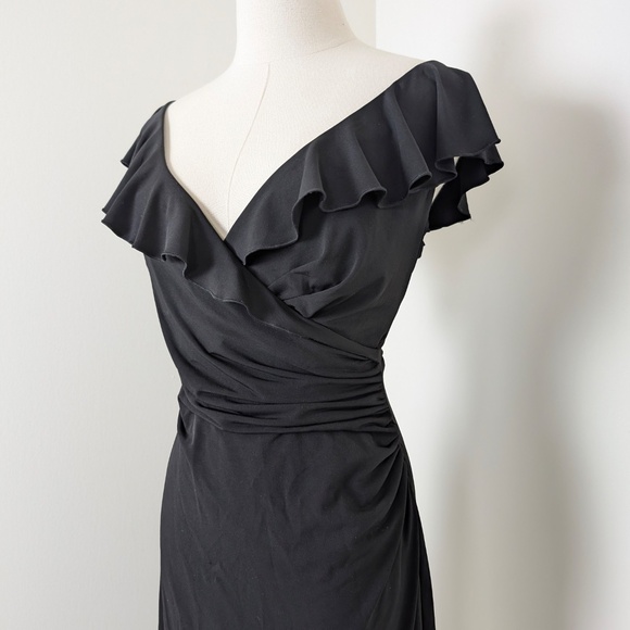Black Mini Asymmetrical Dress LBD Little Ruffles Sleeveless Short V-neck - Picture 6 of 11
